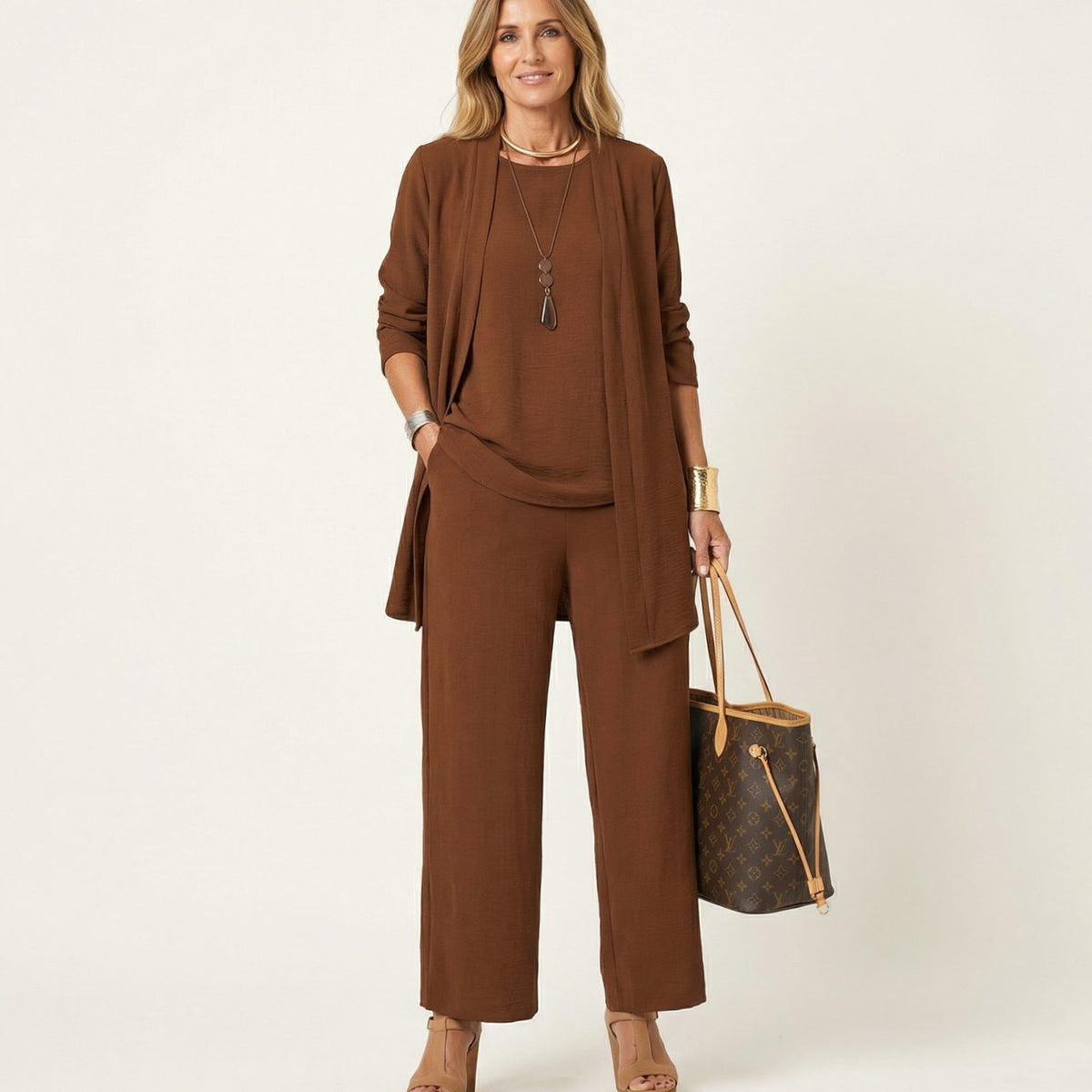 Women's Monochromatic Three-Piece Wide-Leg Trouser Co-ord Set - Brown