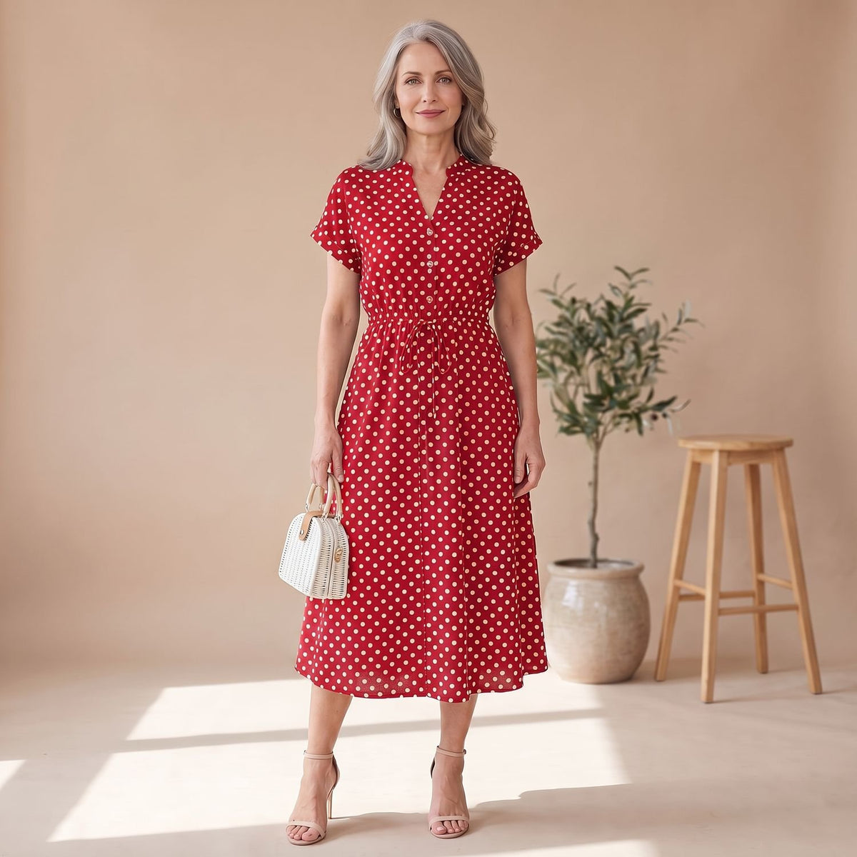 Women's Navy Polka Dot Midi Dress Short Sleeve Button V-Neck - Red