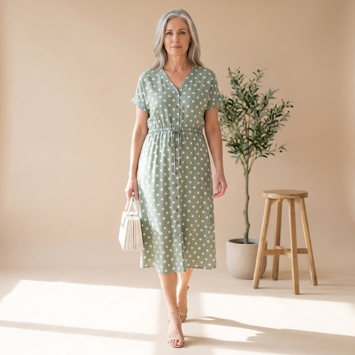 Women's Navy Polka Dot Midi Dress Short Sleeve Button V-Neck - Dark Green