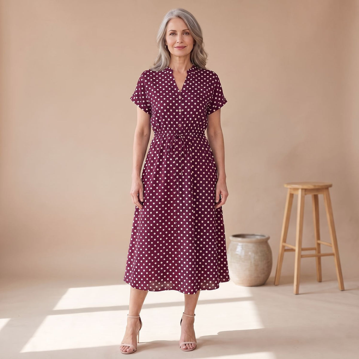 Women's Navy Polka Dot Midi Dress Short Sleeve Button V-Neck - Wine