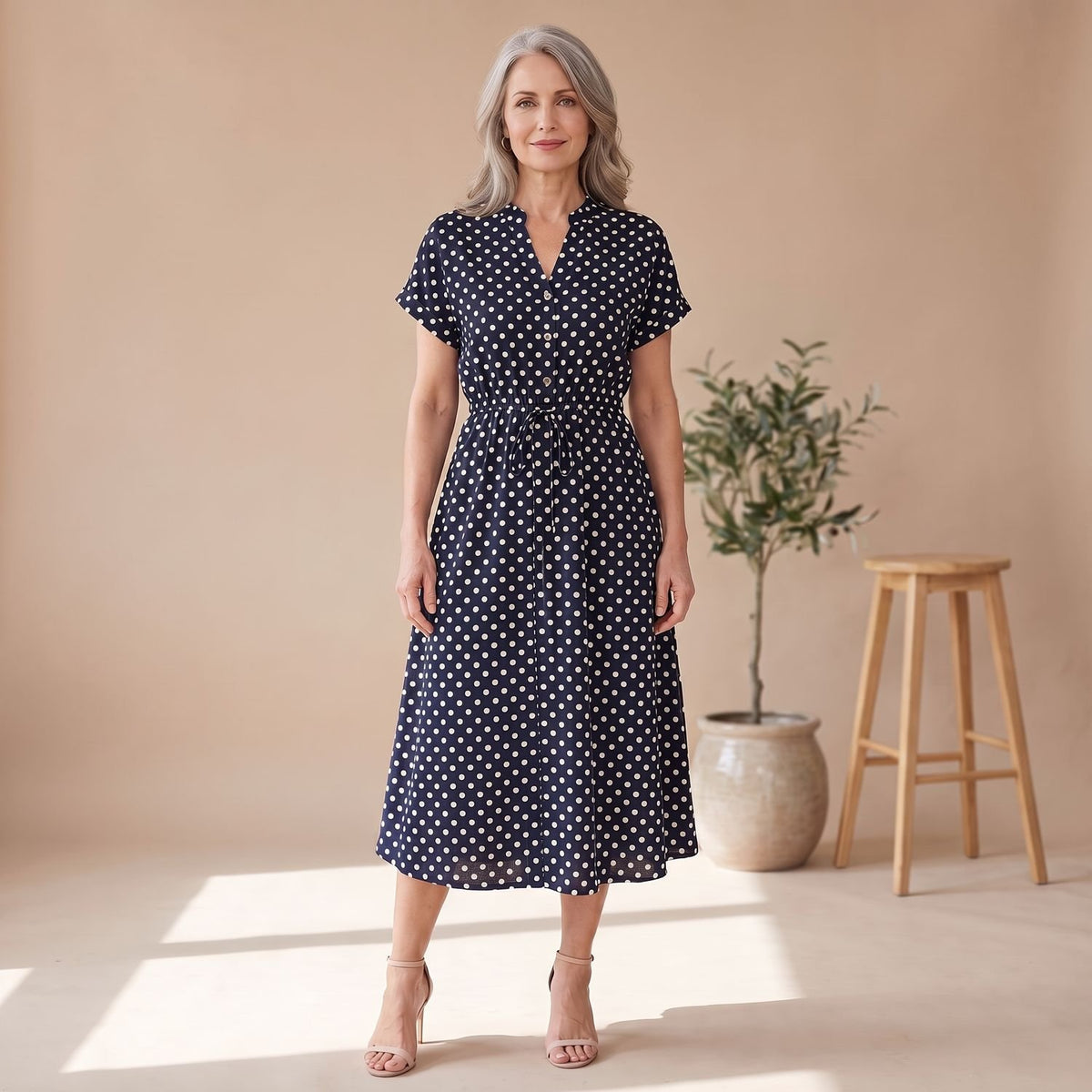 Women's Navy Polka Dot Midi Dress Short Sleeve Button V-Neck - Black