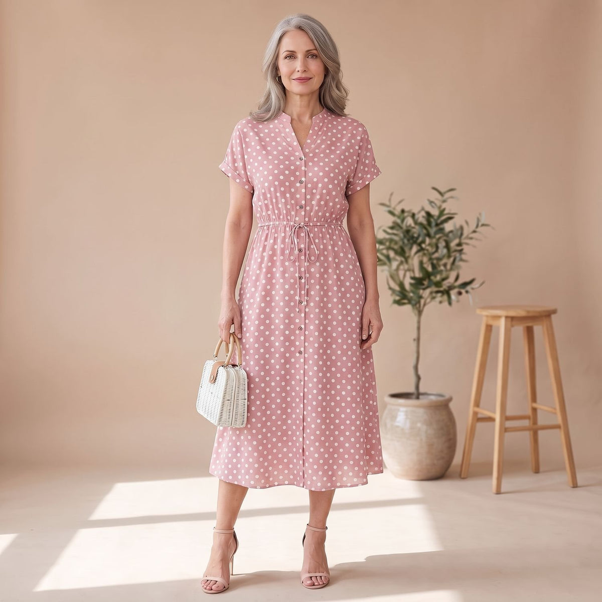 Women's Navy Polka Dot Midi Dress Short Sleeve Button V-Neck - Pink