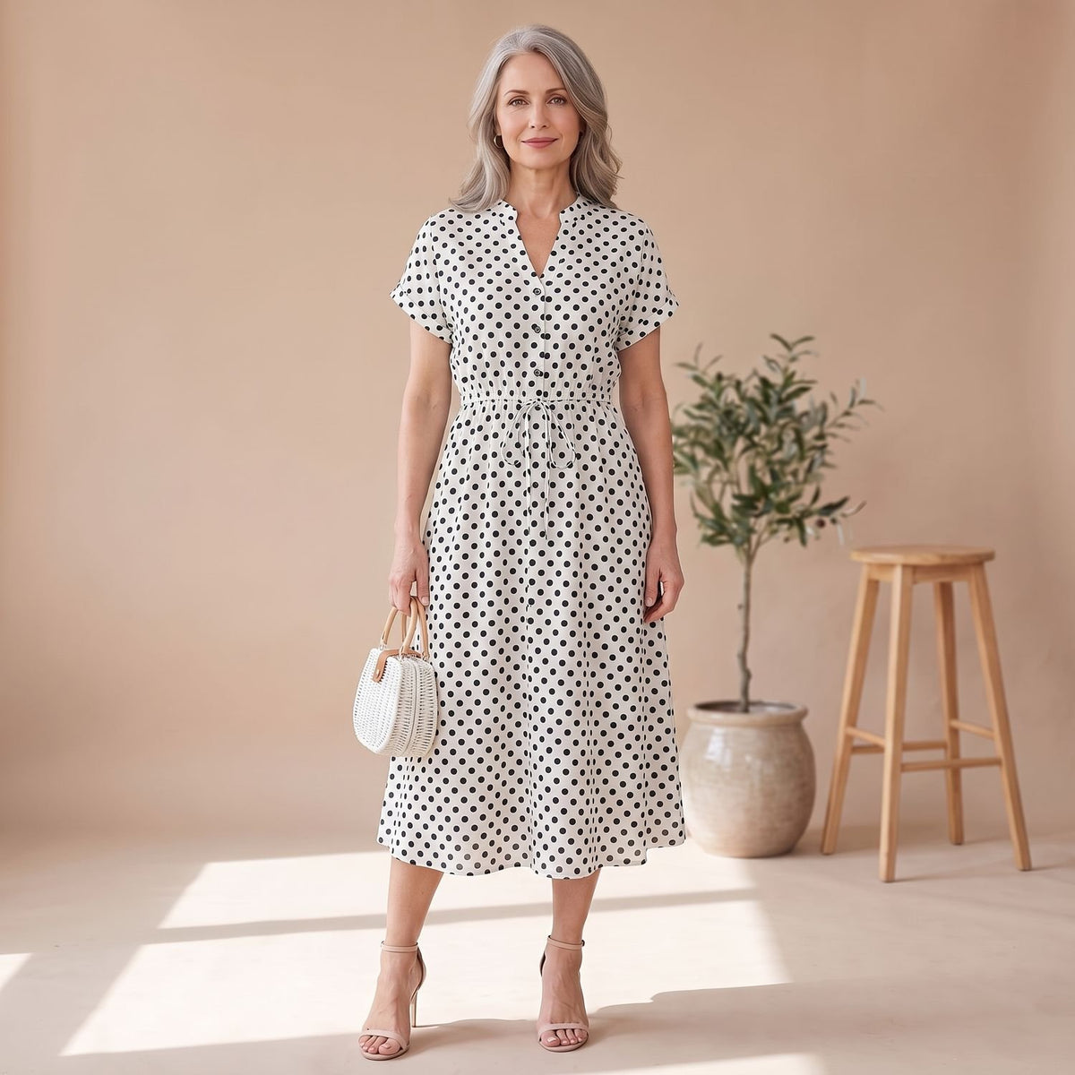 Women's Navy Polka Dot Midi Dress Short Sleeve Button V-Neck - White