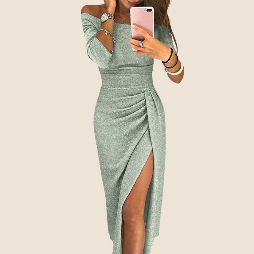 Women's Off-Shoulder Long-Sleeve Ruched Midi Dress - Silver Green