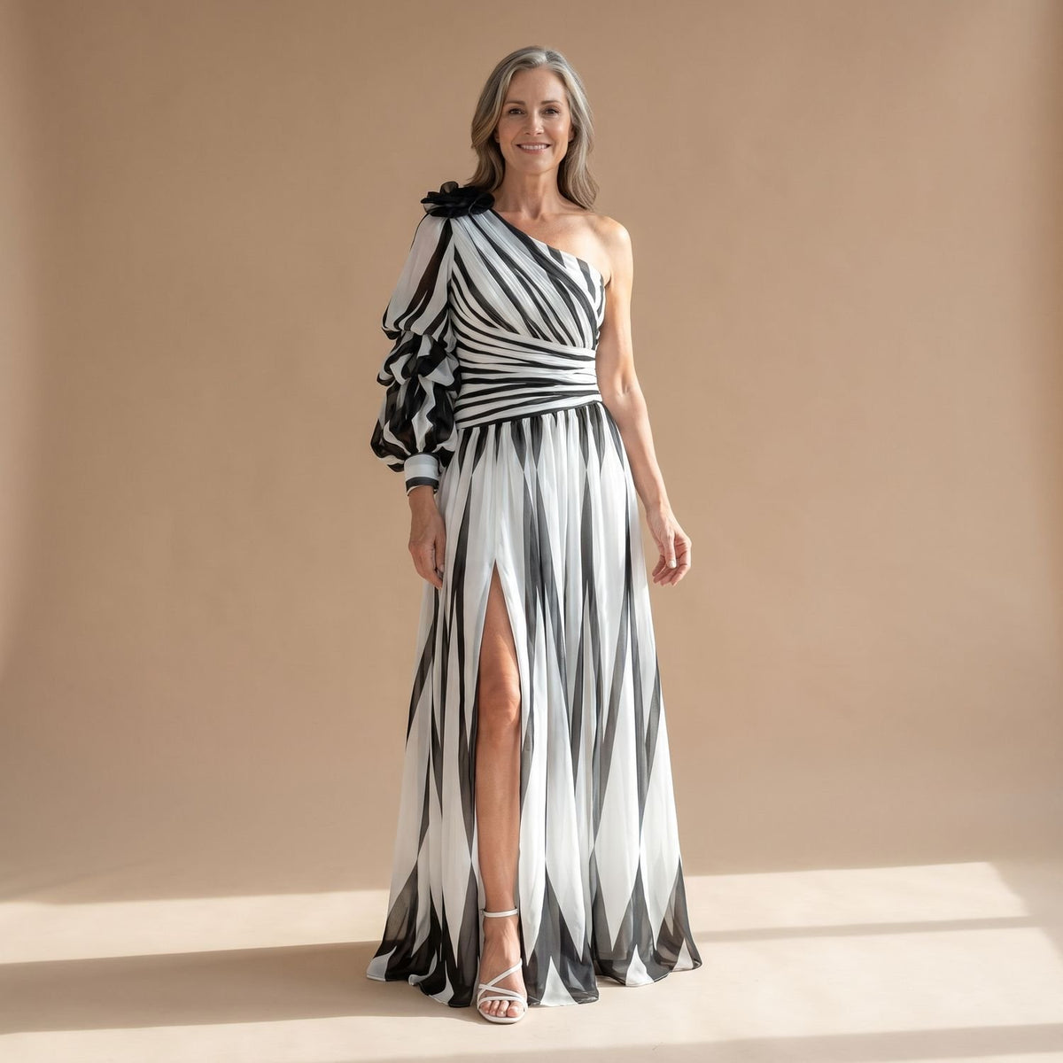 Women's One-Shoulder Black White Striped Maxi Dress