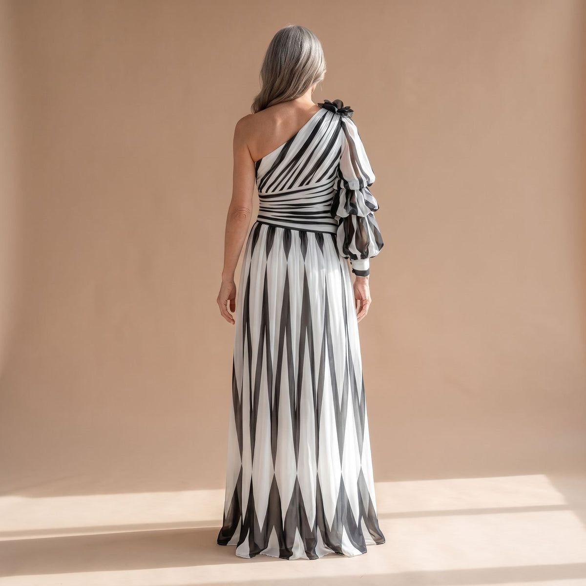Women's One-Shoulder Black White Striped Maxi Dress