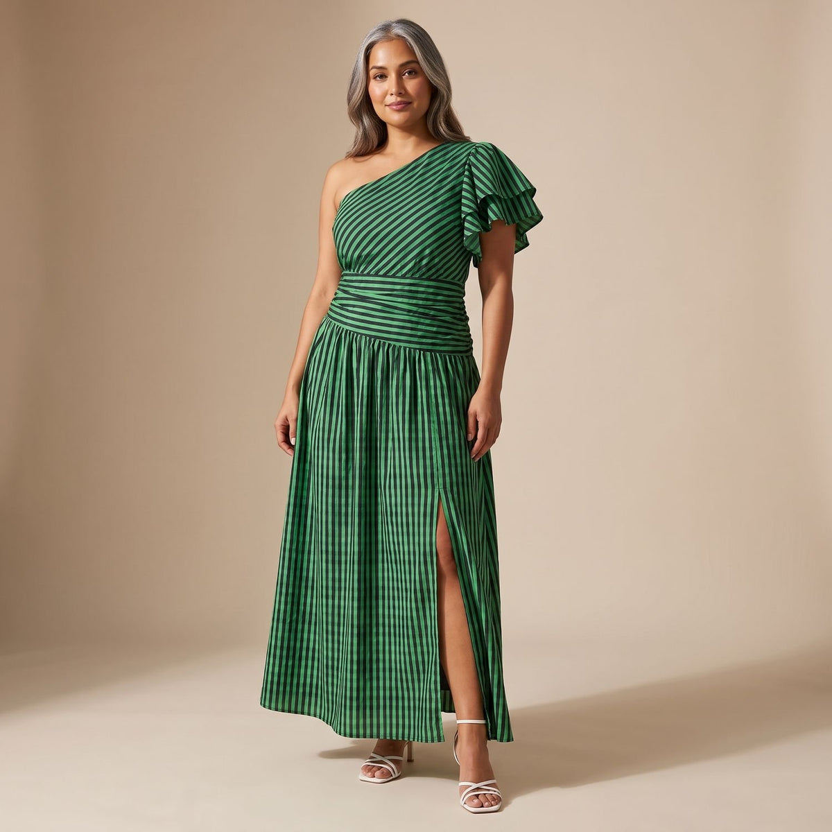 Women's One-Shoulder Black White Striped Maxi Dress