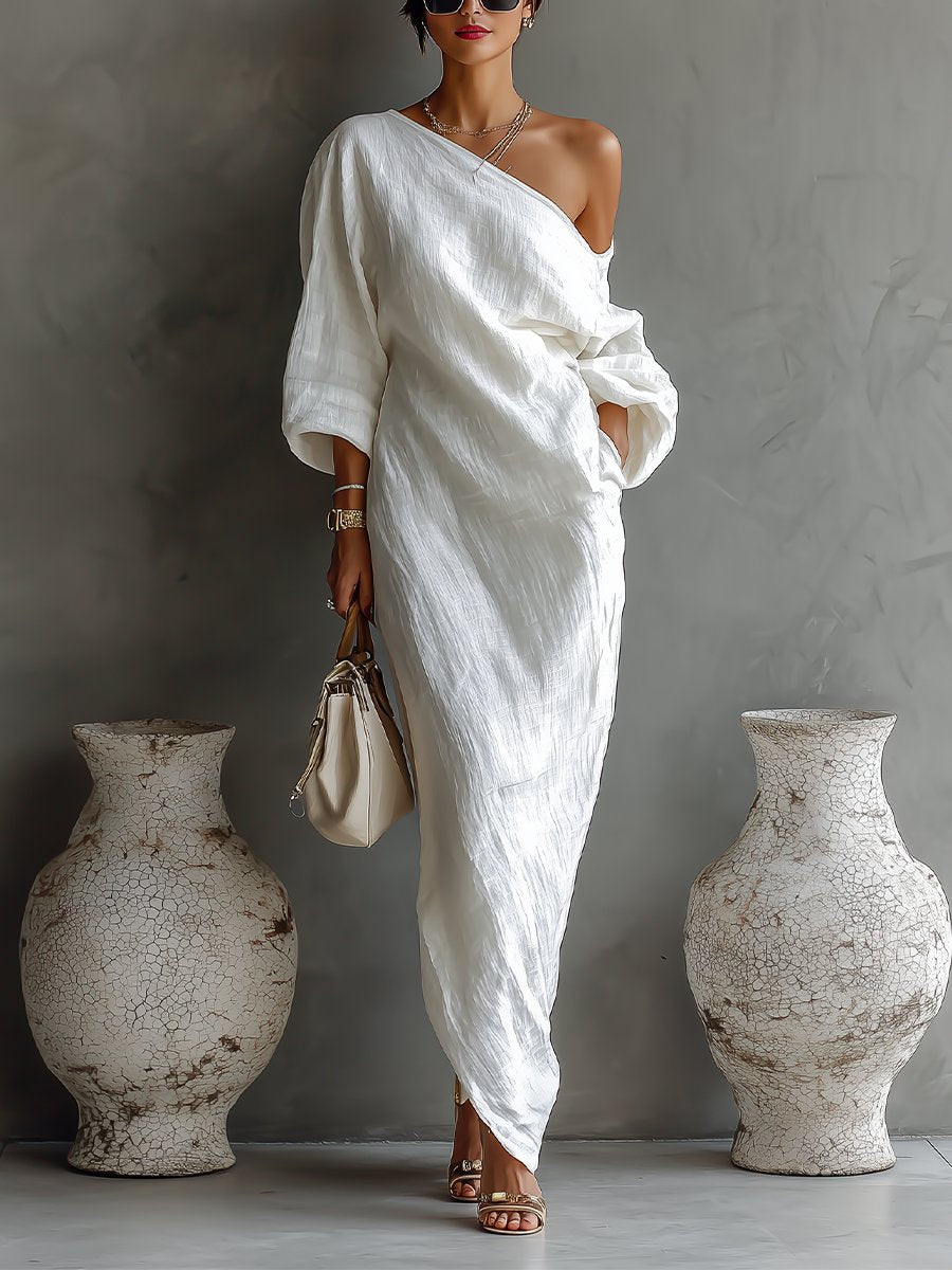 Women's One-Shoulder Cotton-Linen Maxi Dress Wedding Guest