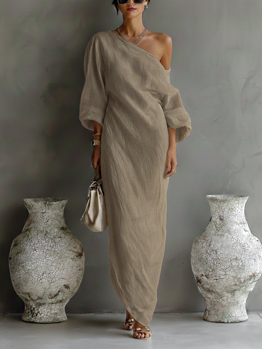 Women's One-Shoulder Cotton-Linen Maxi Dress Wedding Guest - Khaki