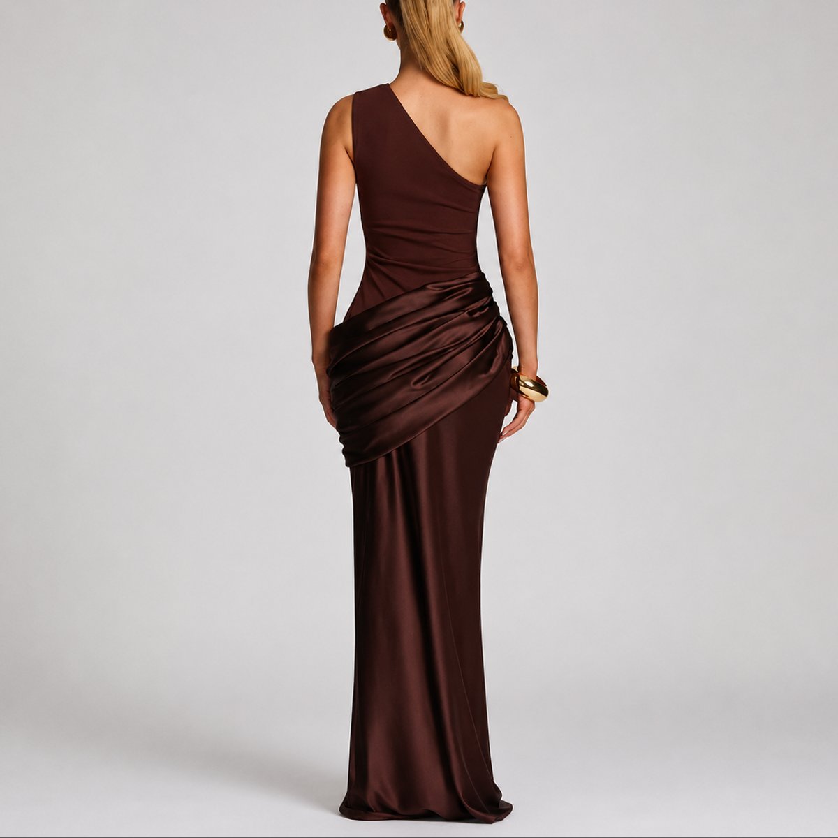 Women's One-Shoulder Draped Satin Maxi Dress