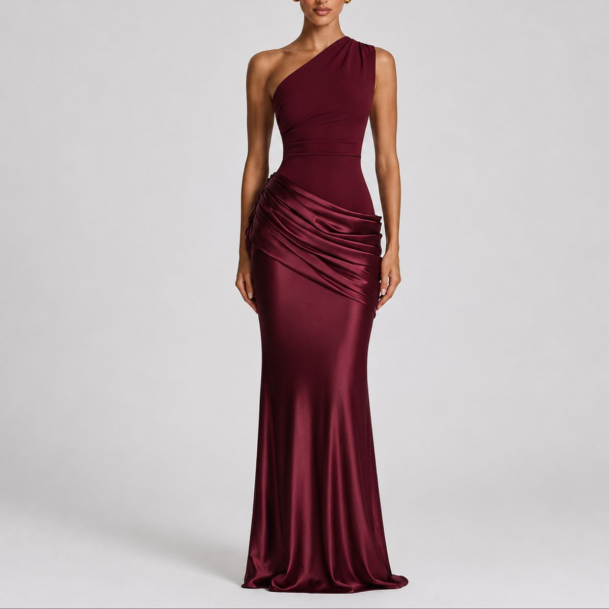 Women's One-Shoulder Draped Satin Maxi Dress - Red
