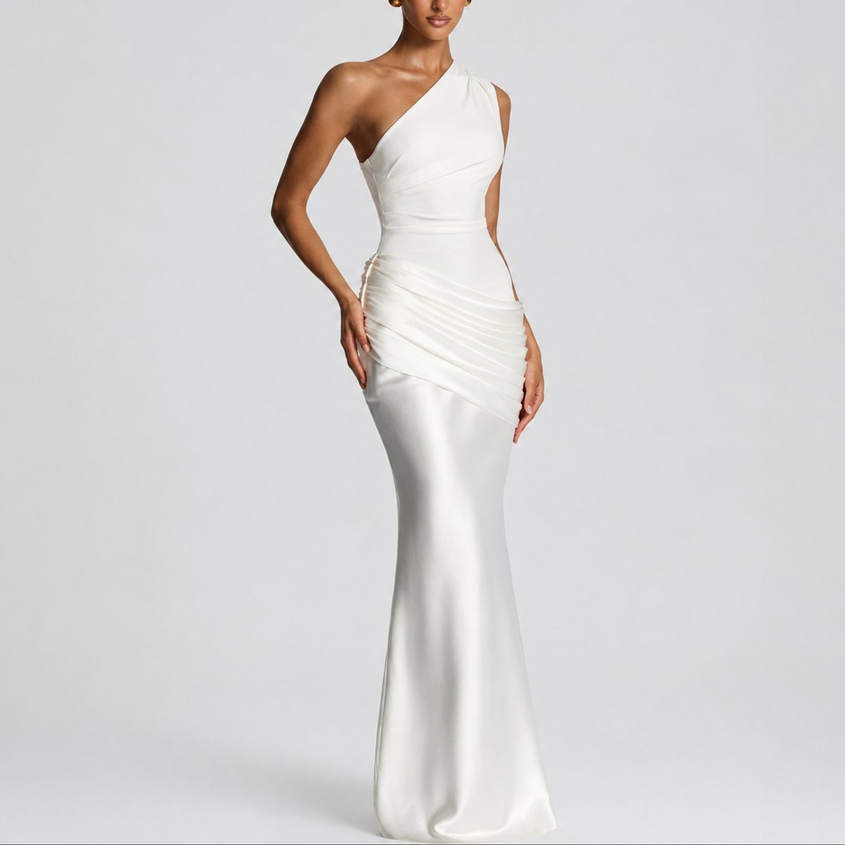 Women's One-Shoulder Draped Satin Maxi Dress - White