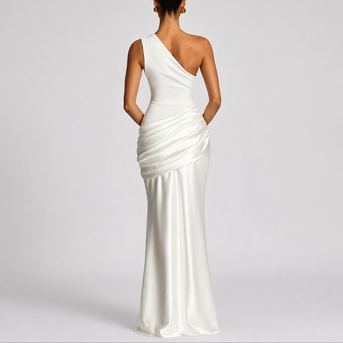 Women's One-Shoulder Draped Satin Maxi Dress