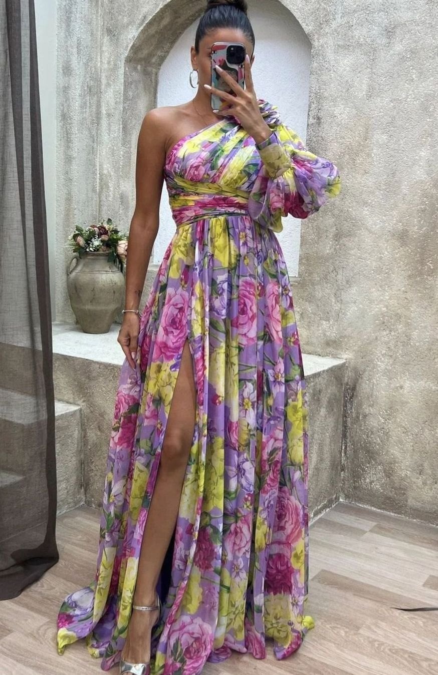 Women's One-Shoulder Floral Maxi Evening Dress with Slit