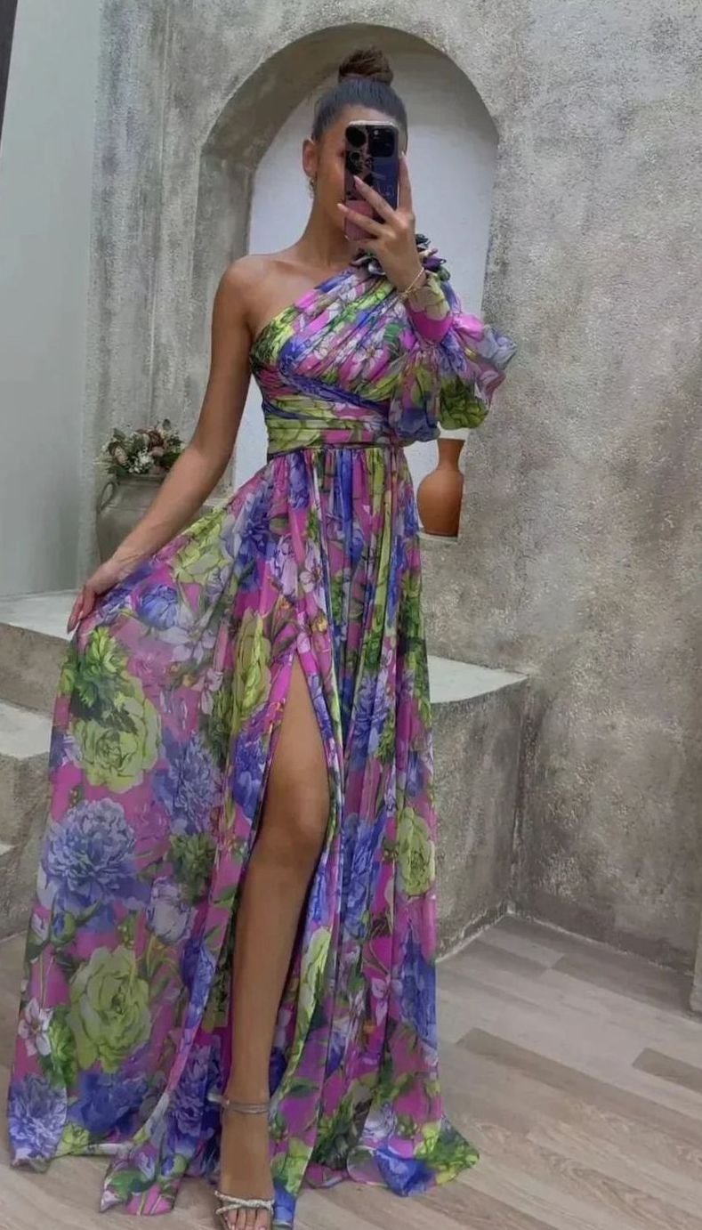 Women's One-Shoulder Floral Maxi Evening Dress with Slit - Purple
