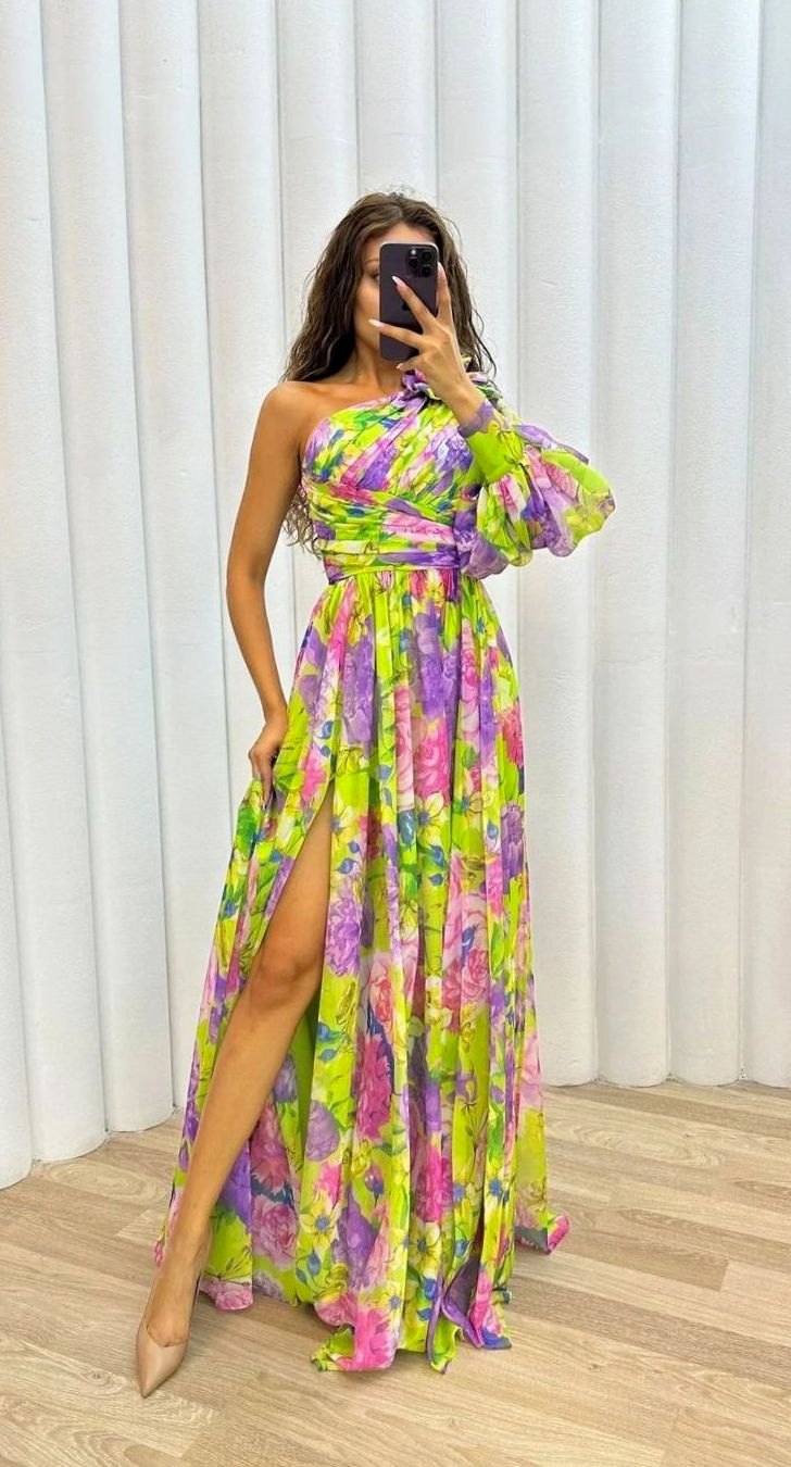 Women's One-Shoulder Floral Maxi Evening Dress with Slit - Yellow