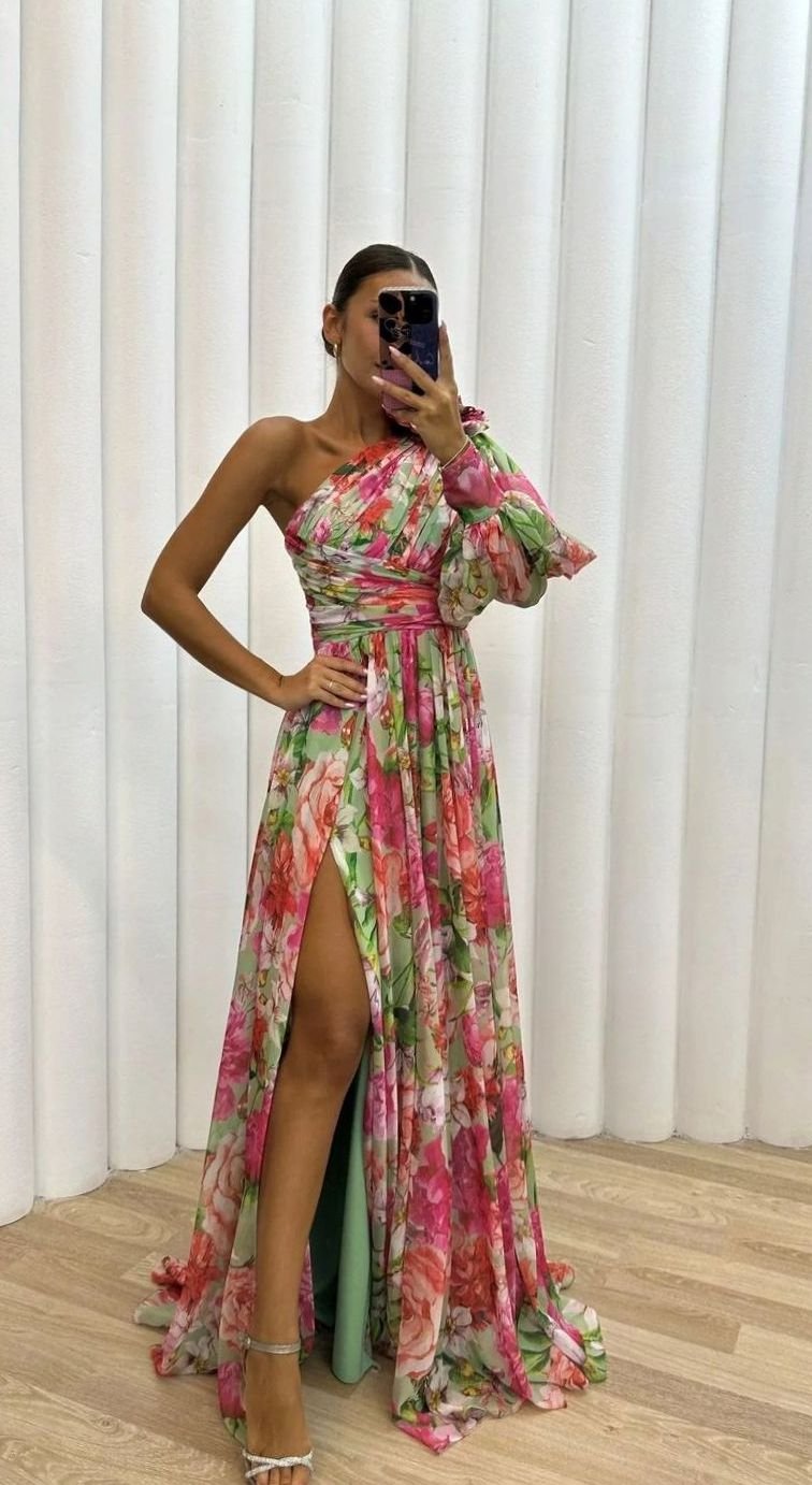 Women's One-Shoulder Floral Maxi Evening Dress with Slit - Pink