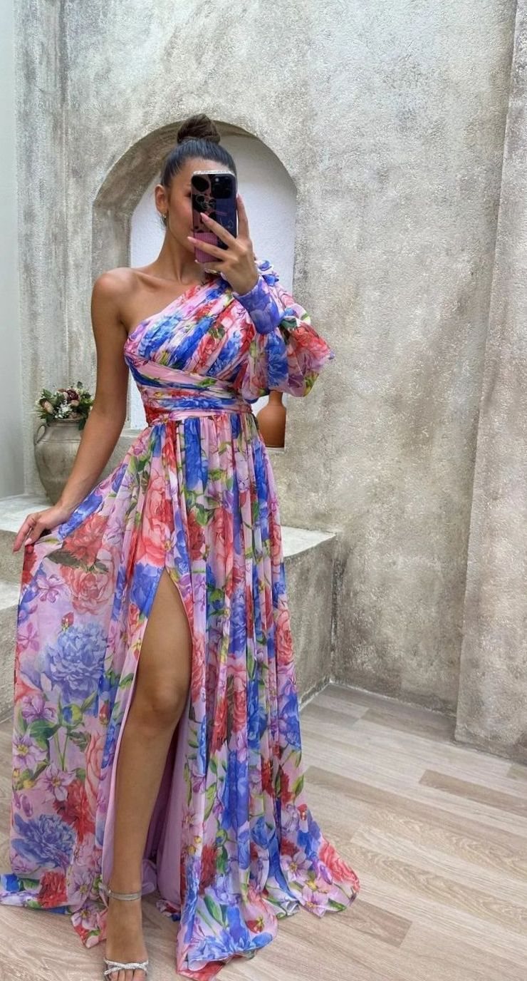 Women's One-Shoulder Floral Maxi Evening Dress with Slit