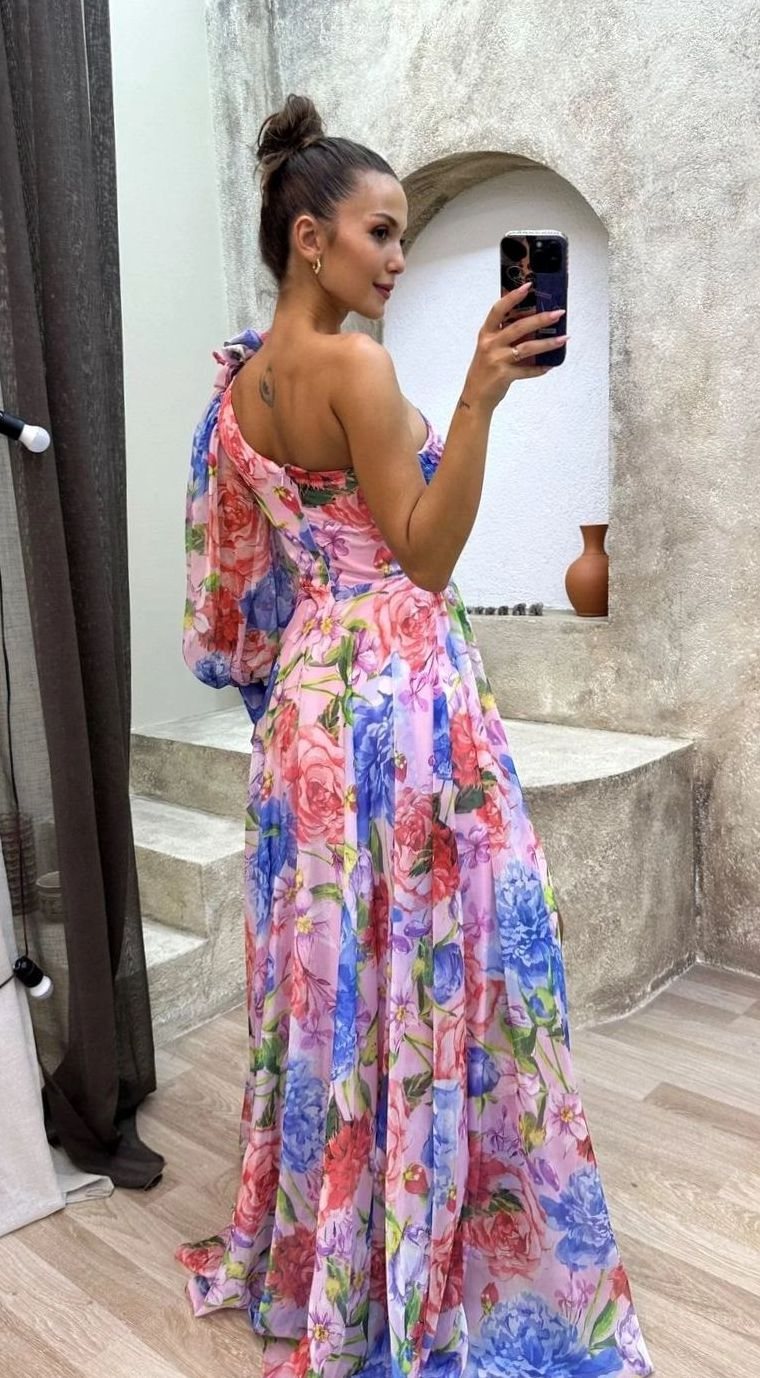 Women's One-Shoulder Floral Maxi Evening Dress with Slit