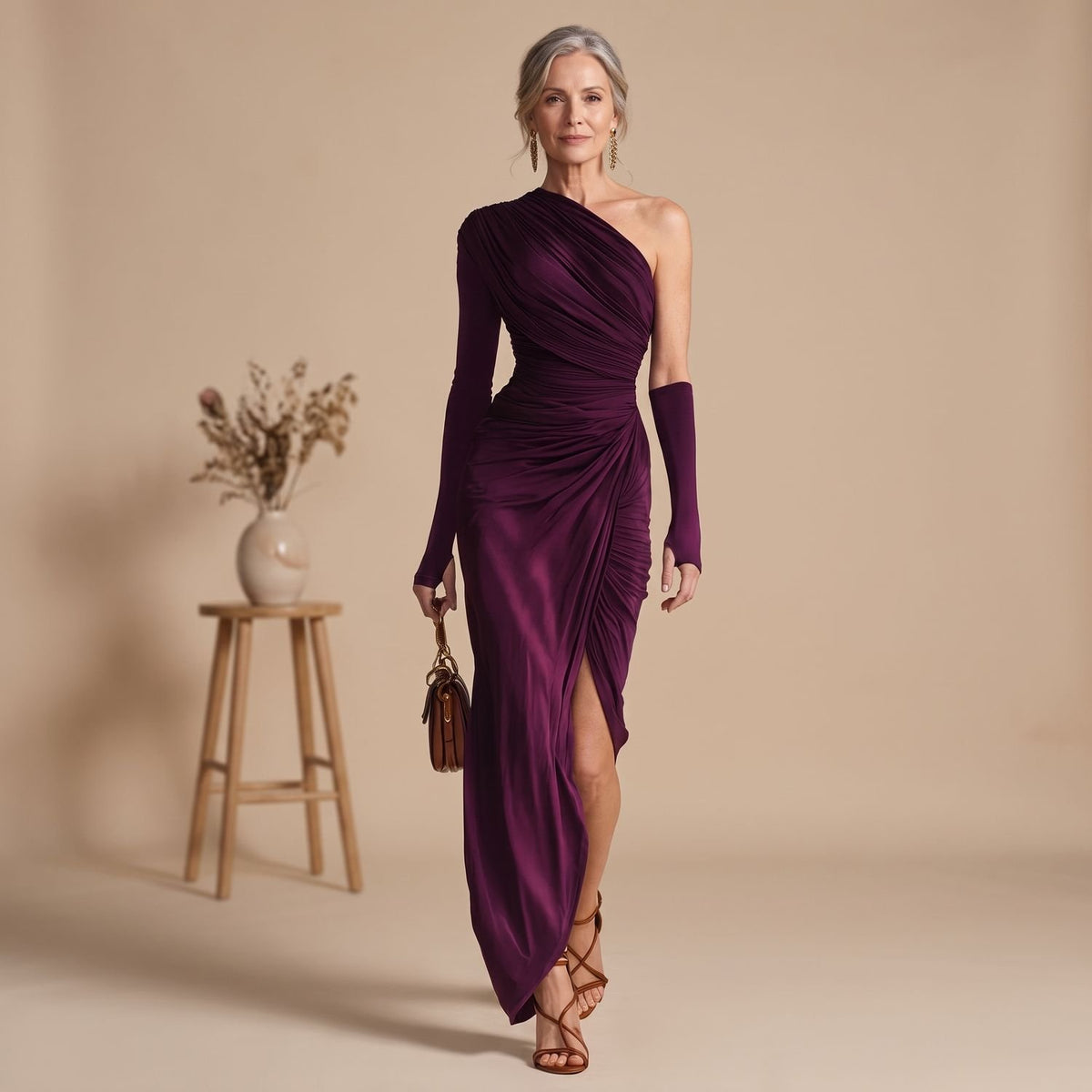 Women's One-Shoulder Long Sleeve Draped Maxi Dress Side Slit - Purple