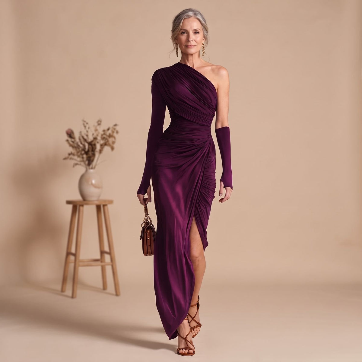 Women's One-Shoulder Long Sleeve Draped Maxi Dress Side Slit