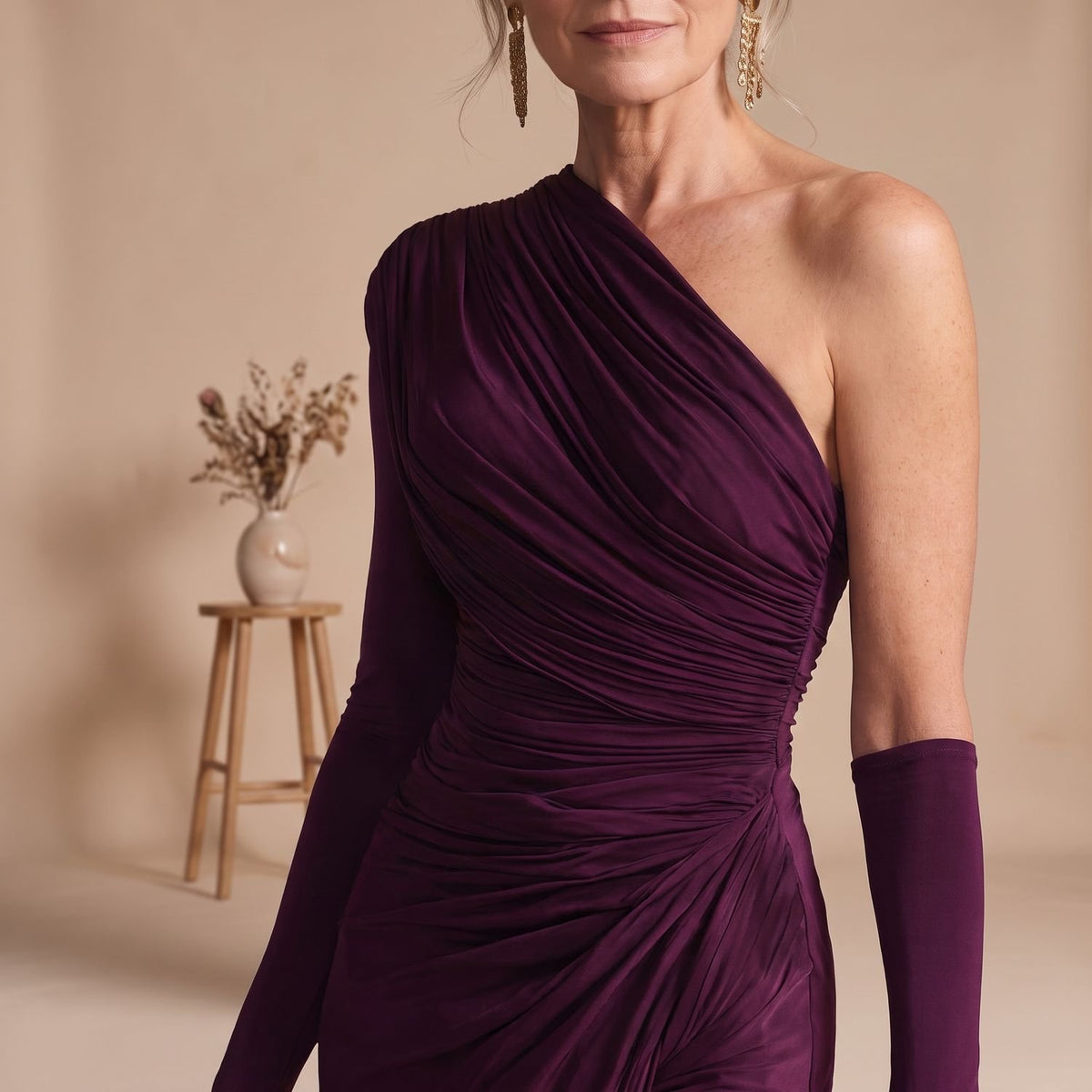 Women's One-Shoulder Long Sleeve Draped Maxi Dress Side Slit