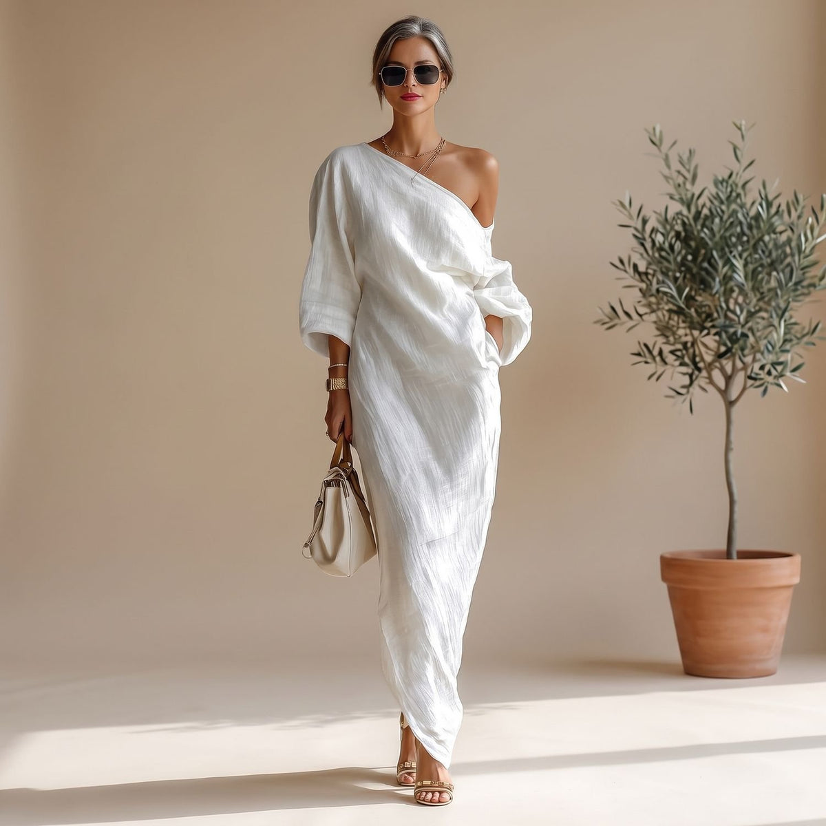 Women's One-Shoulder Long Sleeve Elegant Formal Maxi Dress - White