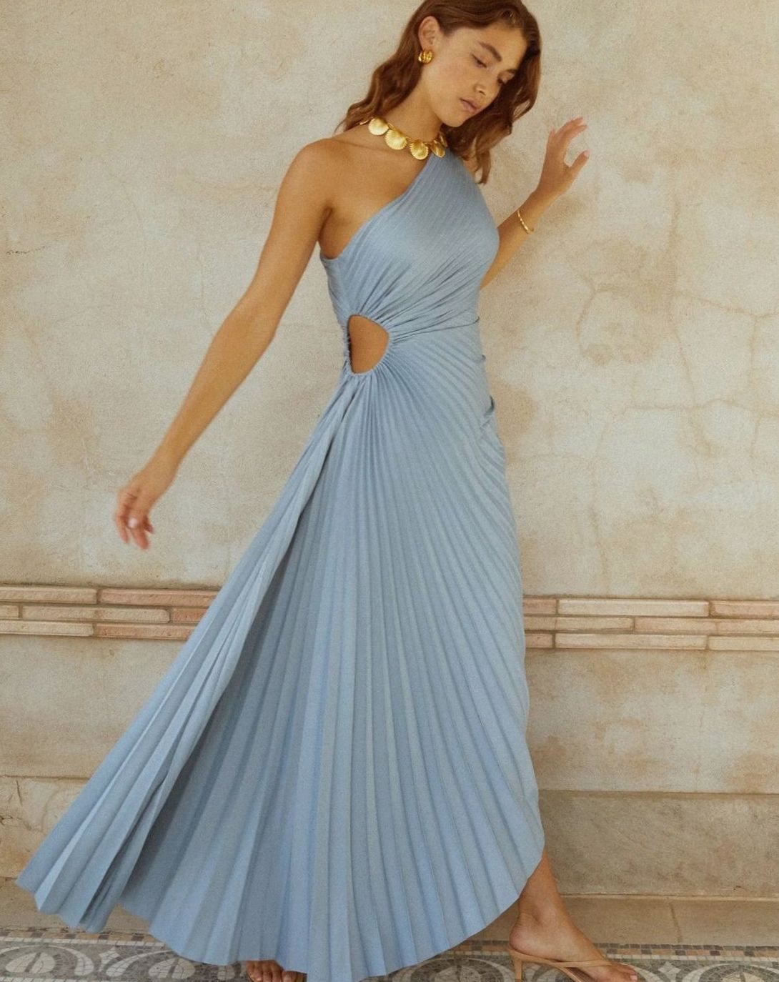Women's One-Shoulder Pleated Asymmetric Maxi Gown