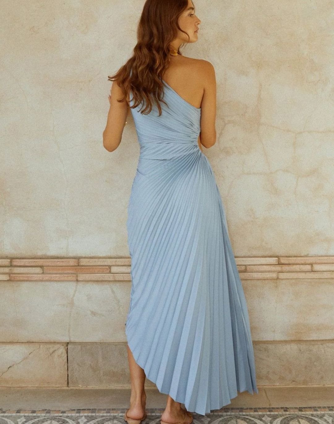 Women's One-Shoulder Pleated Asymmetric Maxi Gown