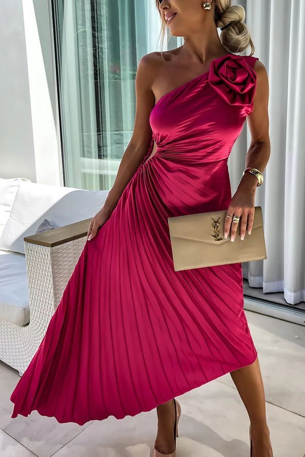 Women's One-Shoulder Pleated Midi Dress Asymmetric Floral-Detail - Red