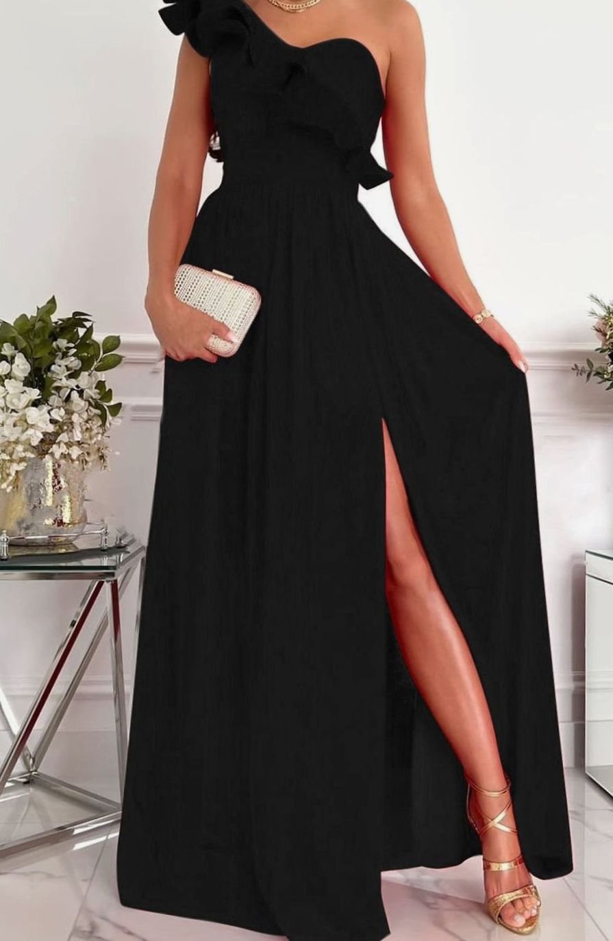 Women's One-Shoulder Ruffle Maxi Christmas Party Dress - Black