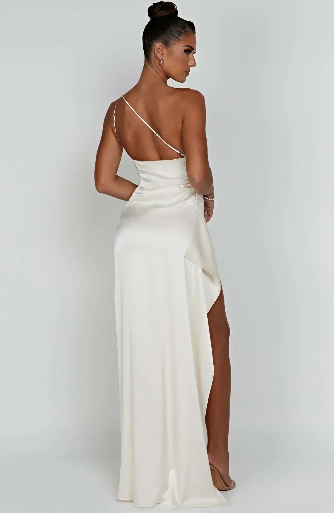 Women's One-Shoulder Satin Asymmetric High-Split Maxi Evening Dress