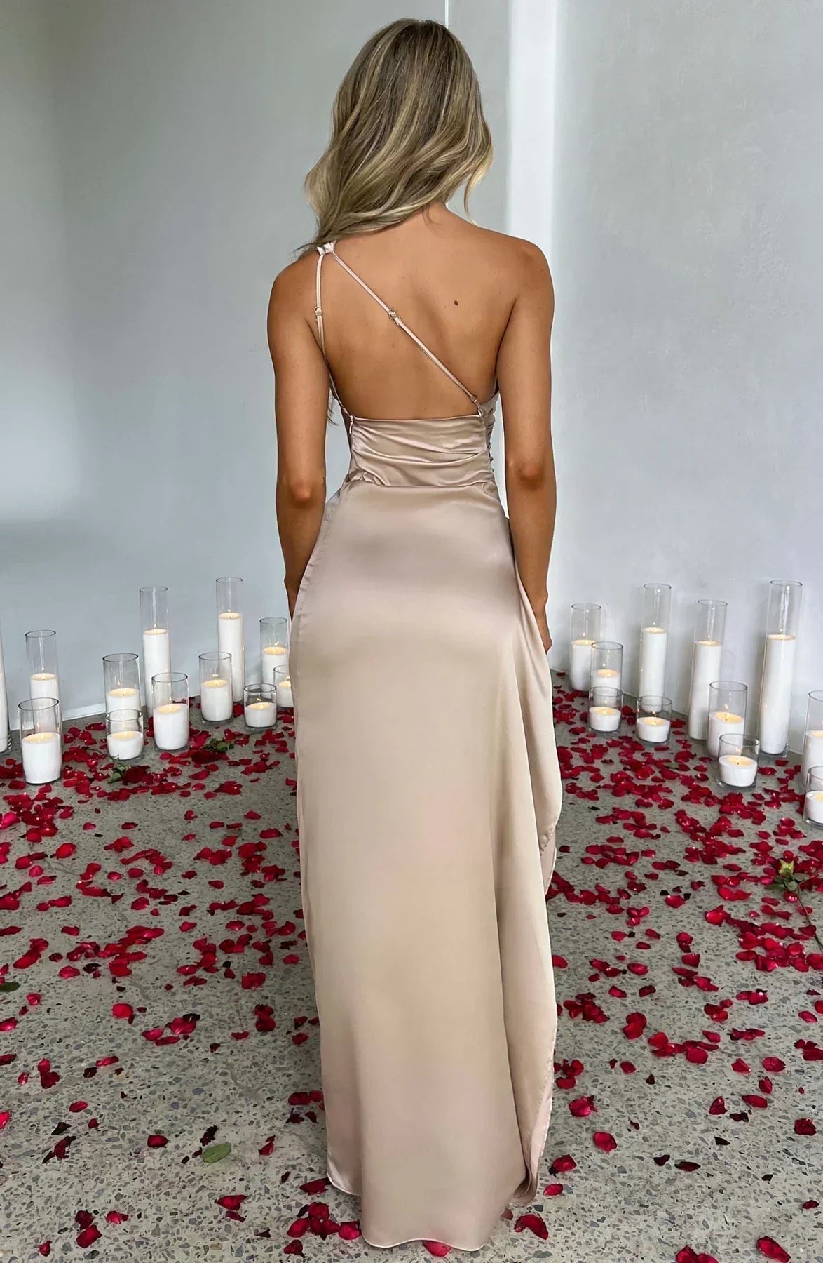 Women's One-Shoulder Satin Asymmetric High-Split Maxi Evening Dress