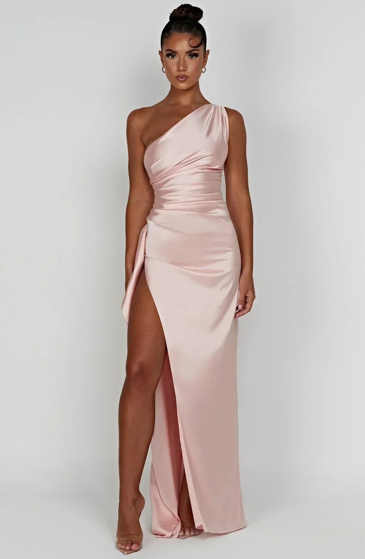 Women's One-Shoulder Satin Asymmetric High-Split Maxi Evening Dress - Pink