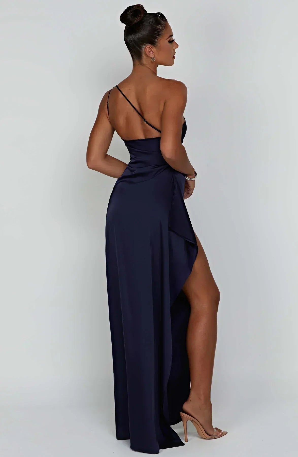 Women's One-Shoulder Satin Asymmetric High-Split Maxi Evening Dress