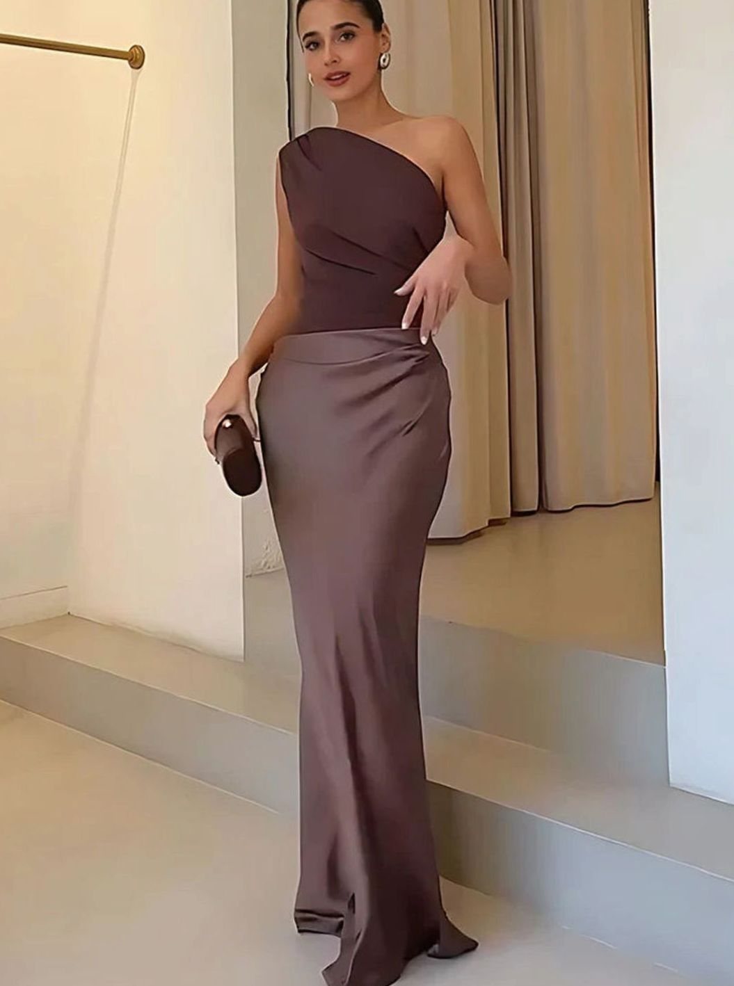 Women's One-Shoulder Satin Drape Maxi Dress - Brown