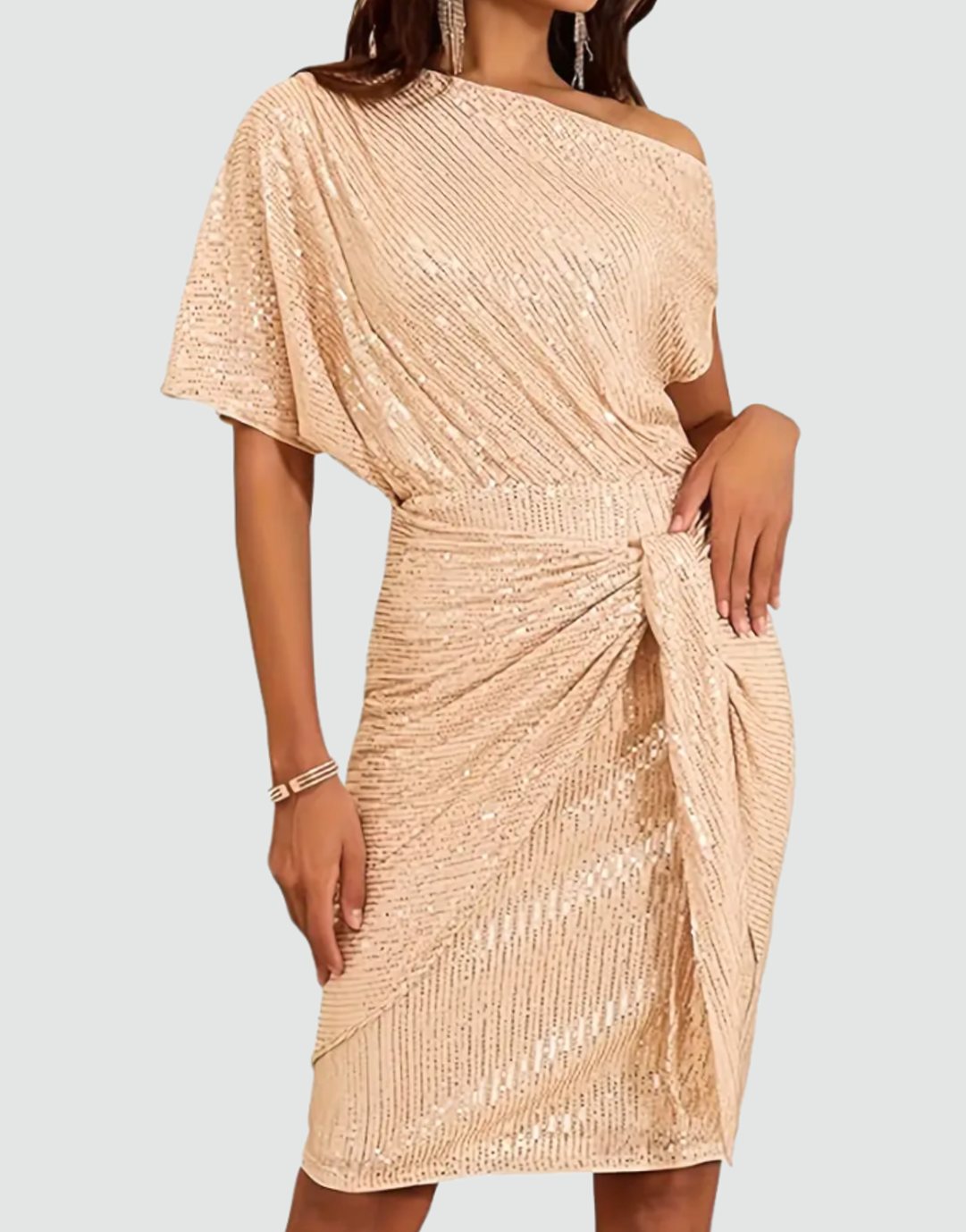 Women's One-Shoulder Sequin Midi Dress Twist Waist Detail - Golden Brown