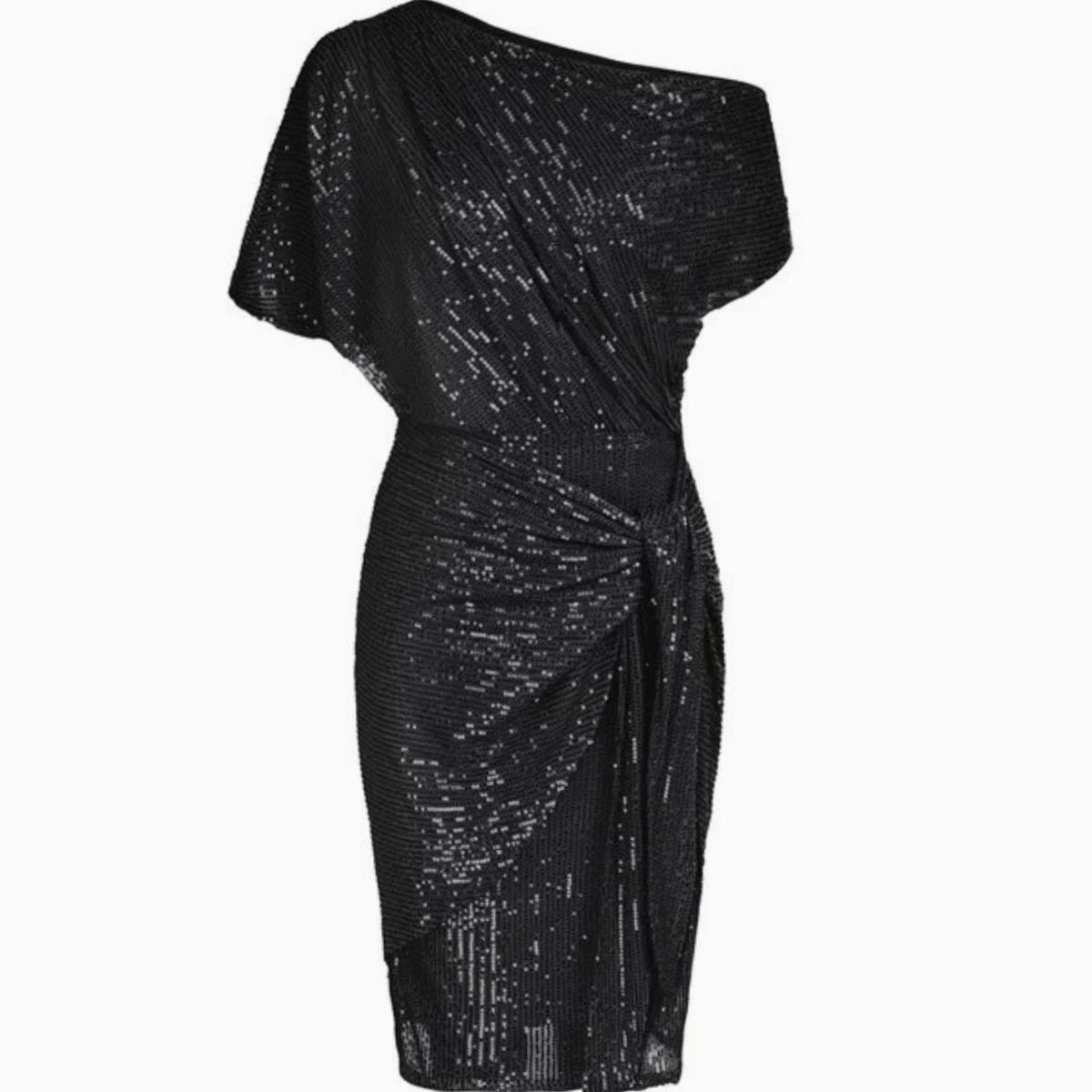 Women's One-Shoulder Sequin Midi Dress Twist Waist Detail - Black