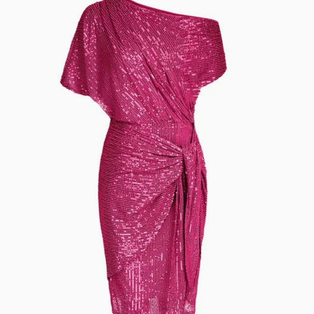 Women's One-Shoulder Sequin Midi Dress Twist Waist Detail - Pink