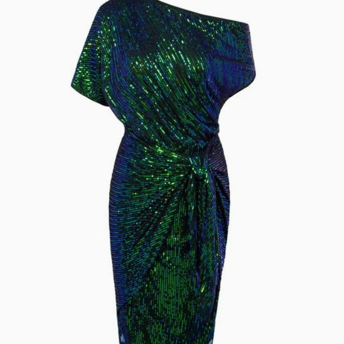 Women's One-Shoulder Sequin Midi Dress Twist Waist Detail - Dark Green