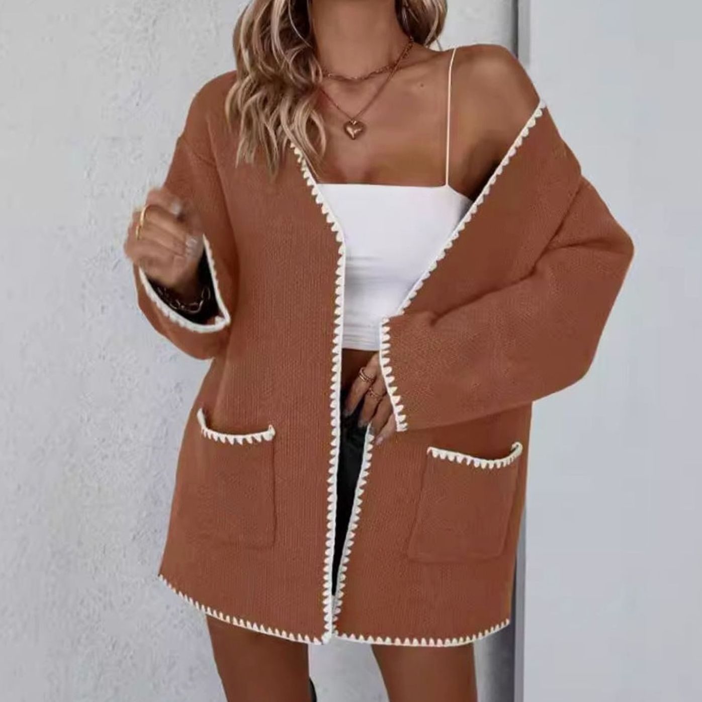 Women's Open Front Knit Cardigan Long Sleeve Contrast Trim Pockets - Caramel