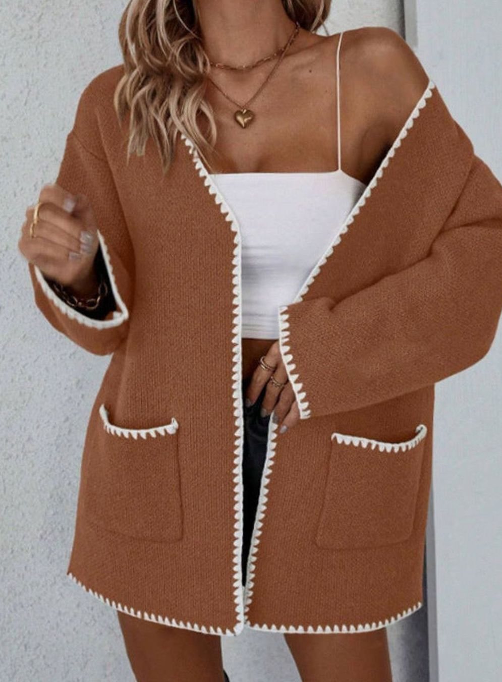 Women's Open Front Knit Cardigan Long Sleeve Contrast Trim Pockets