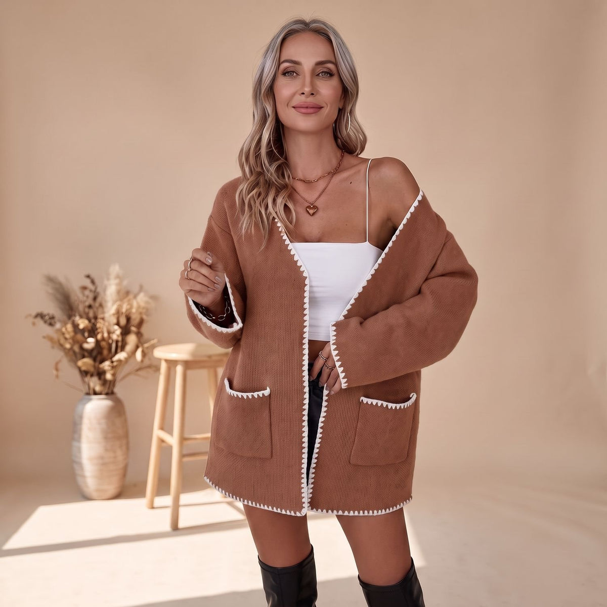 Women's Open Front Long Sleeve Knit Pocket Cardigan - Caramel