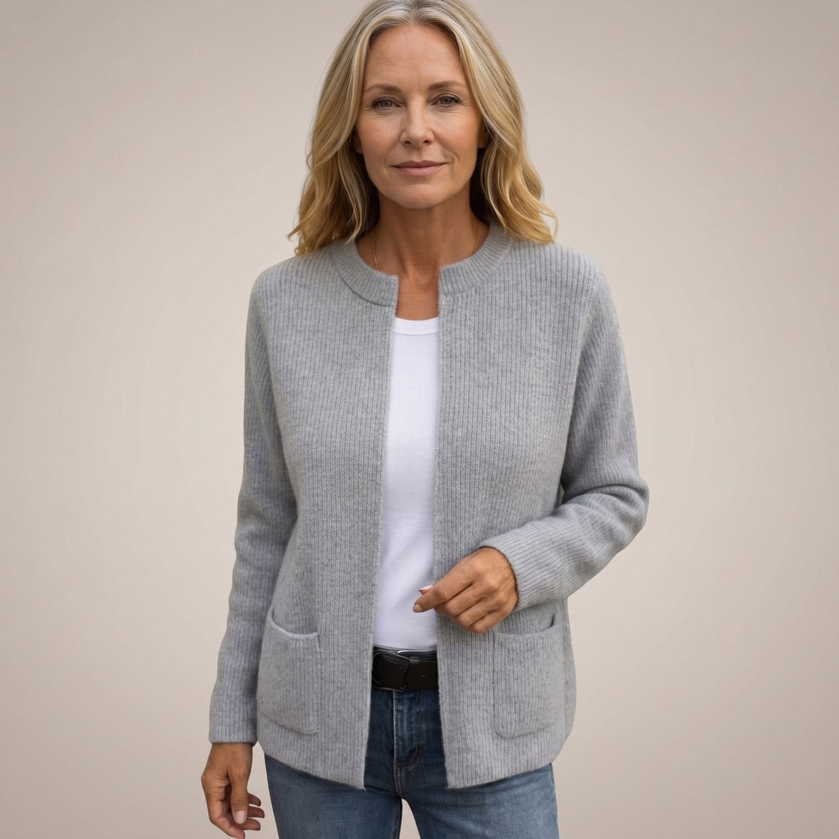 Women's Open-Front Ribbed Knit Cardigan with Pockets - Grey