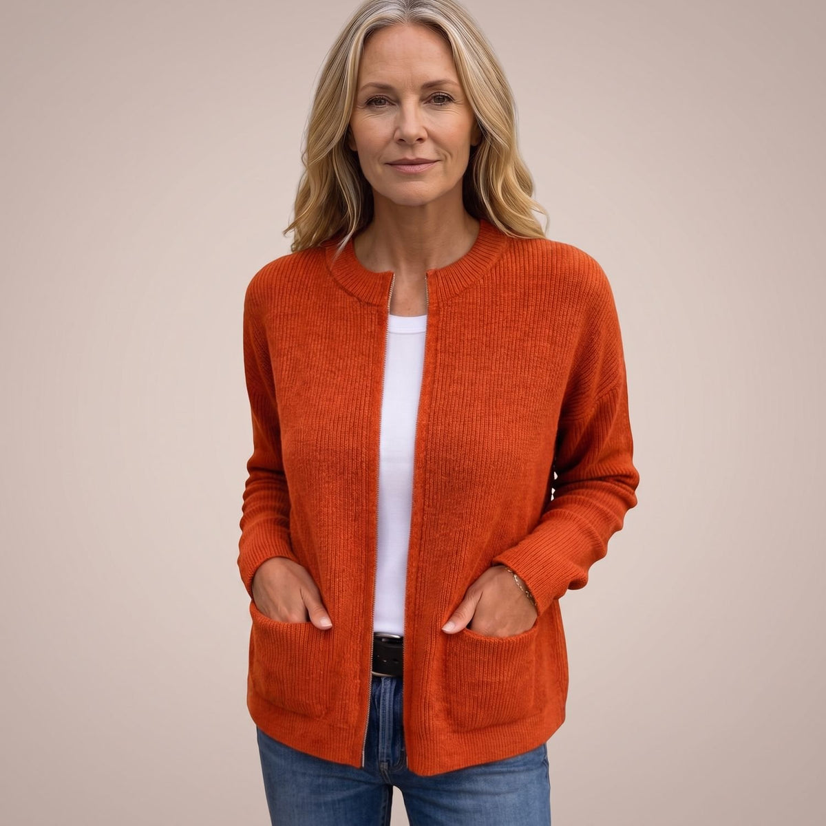 Women's Open-Front Ribbed Knit Cardigan with Pockets - Orange