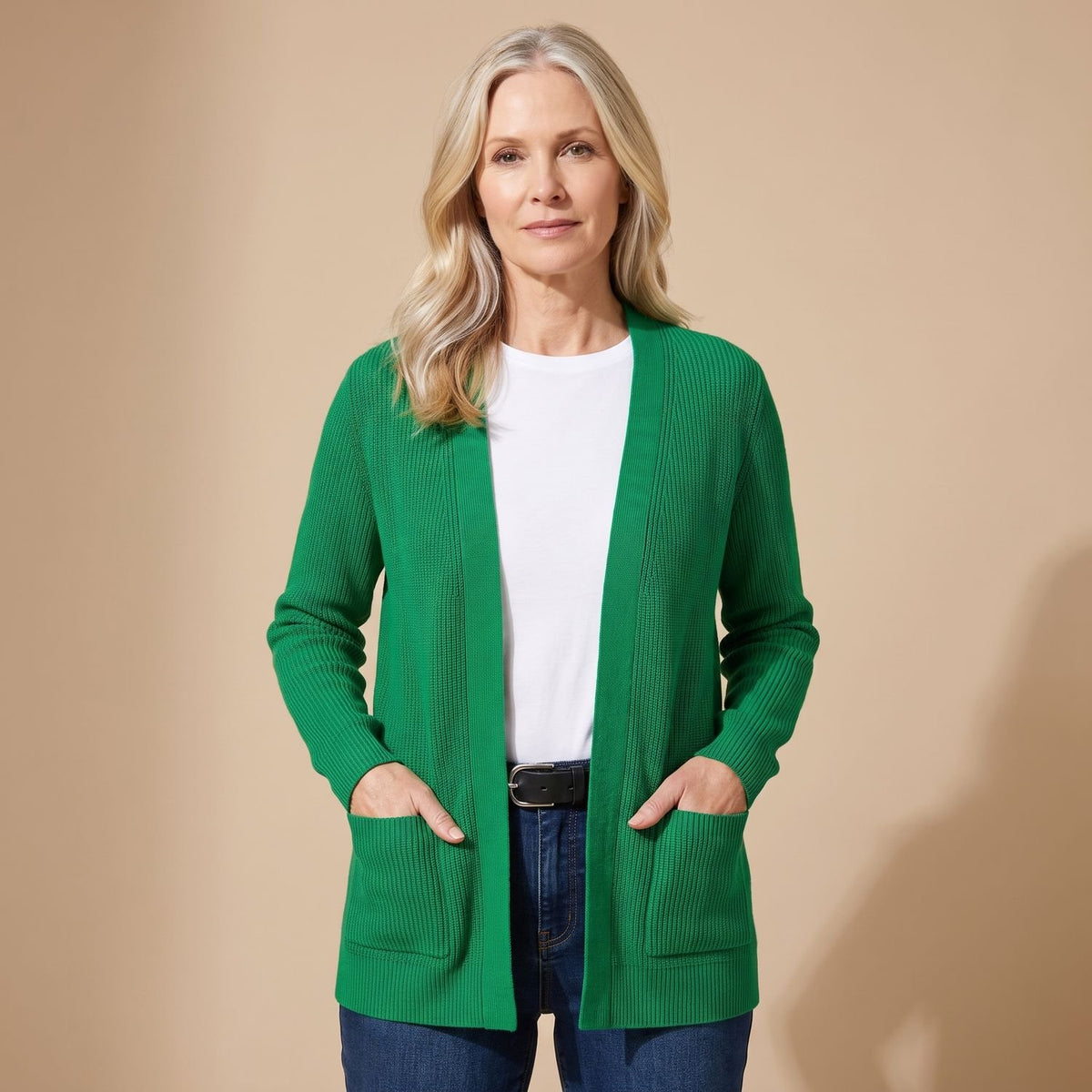 Women's Open-Front Ribbed Knit Cardigan with Pockets - Green