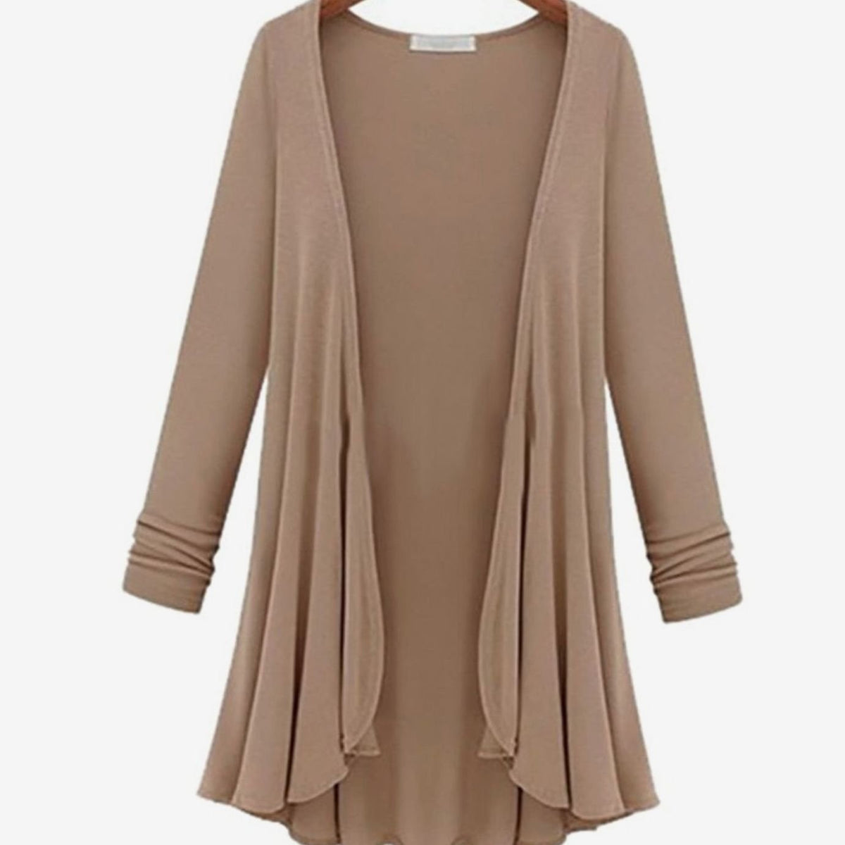 Women's Open-Front Ruffled Long-Sleeve Cotton Blend Cardigan - Khaki