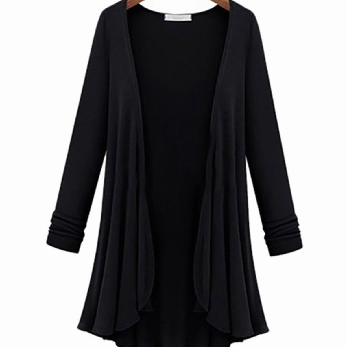 Women's Open-Front Ruffled Long-Sleeve Cotton Blend Cardigan - Black