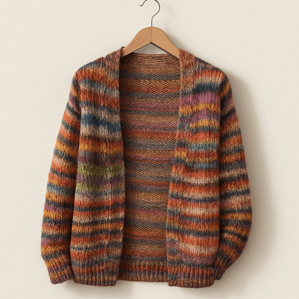 Women's Open-Front Striped Chunky Knit Cardigan - Red