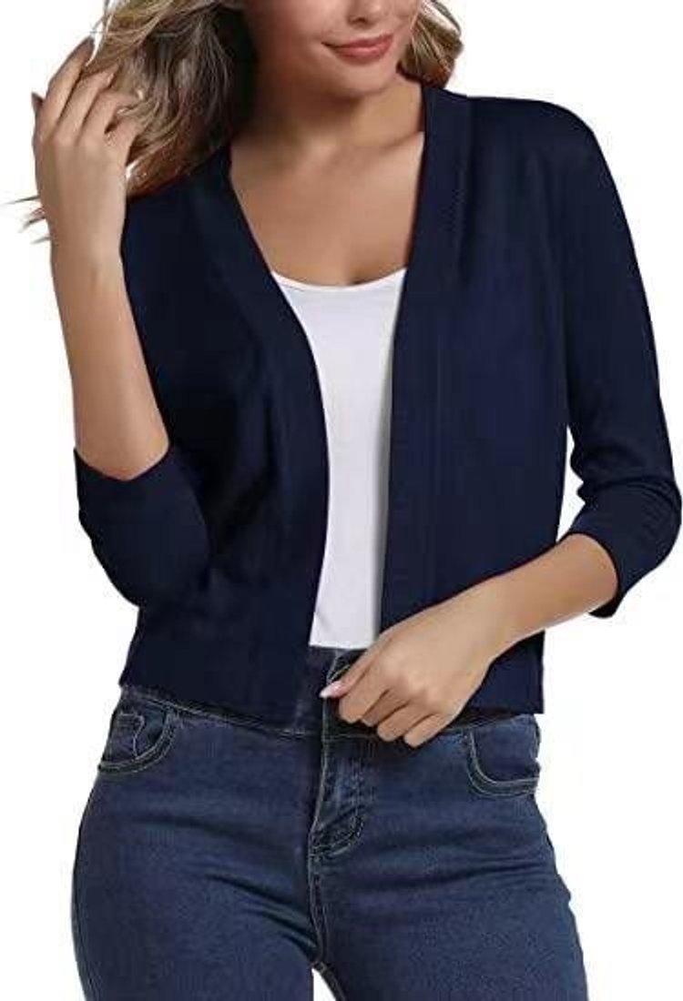 Women's Open-Front Three-Quarter Sleeve Cropped Cardigan - Sapphire Blue